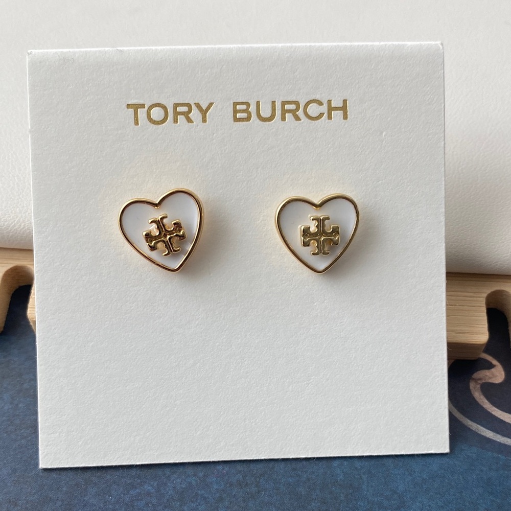 Tory Burch Gold and White Heart Earrings